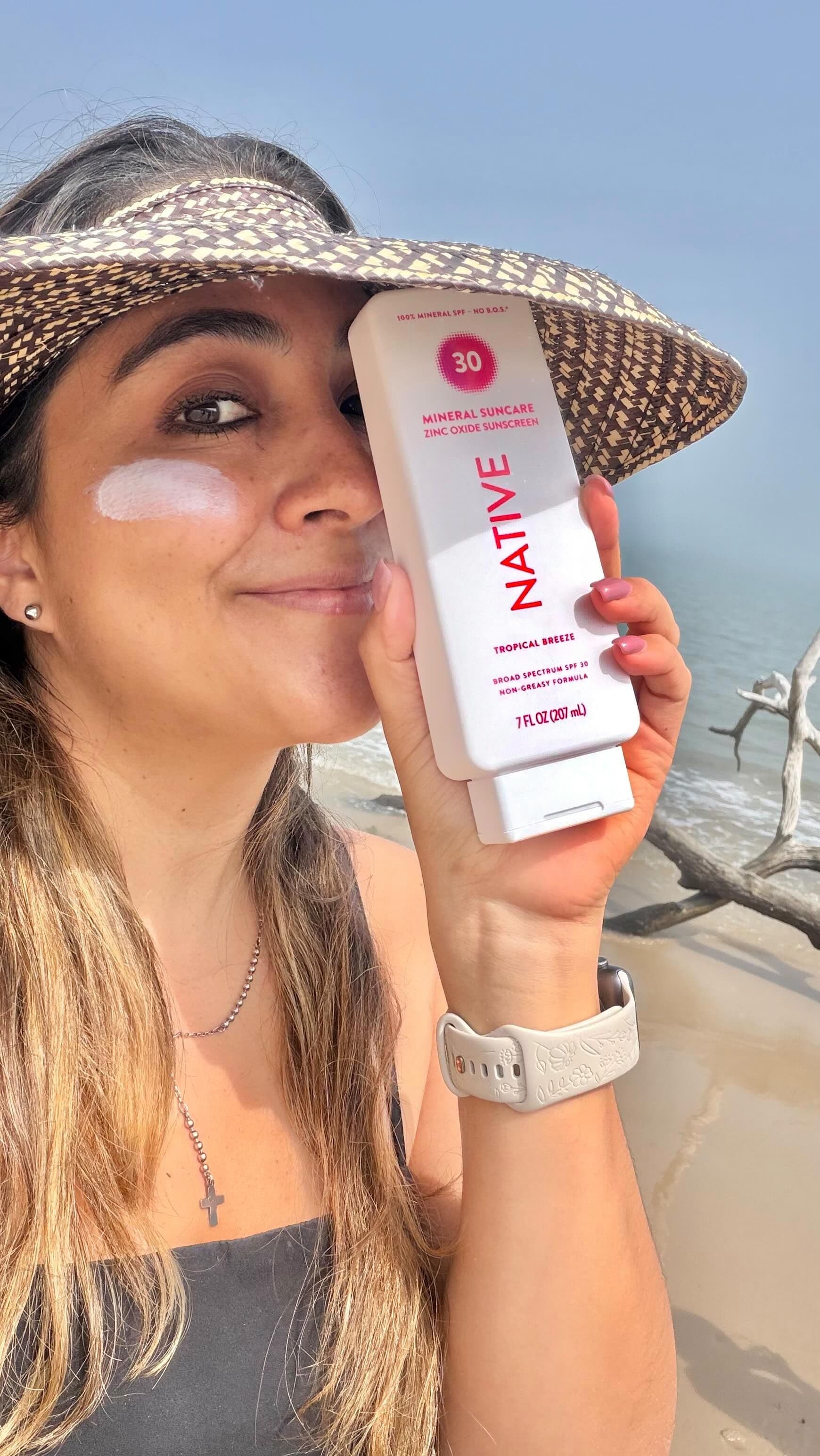 Love Native Tropical Breeze Body Sunscreen! Light, non-greasy, smells amazing, and keeps my skin protected all day. 🌞🌴