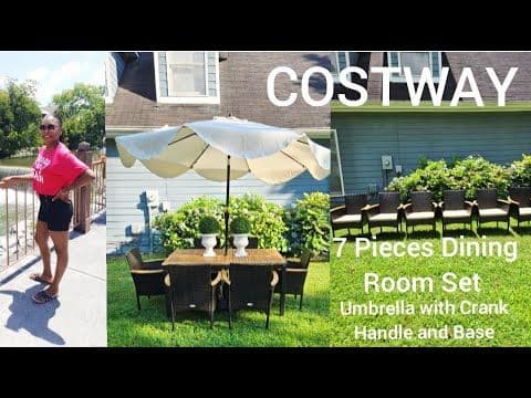 Costway Patio Set 7 Piece Dining Room Set Stackable Chairs and umbrella and Base collaboration