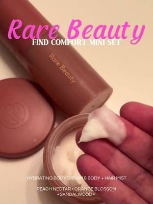 The @Rare Beauty Find Comfort Mini Body Essentials is the perfect travel-friendly body care duo. This limited-edition set includes the Find Comfort Bouncy Body Cream Mini and Find Comfort Body & Hair Fragrance Mist Mini with notes of sweet peach nectar, lush orange blossom, and creamy white sandalwood. The body cream leaves skin feeling hydrated, soft, and smooth, while the lightweight fragrance mist refreshes both hair and body without feeling sticky. Whether you're packing for vacation, heading to the gym, or just love keeping mini beauty essentials in your bag, this set is such an easy everyday favorite. #RareBeauty #tiktokshopsummersale #tiktokshopcreatorpicks #TikTokShopFinds #summerwins