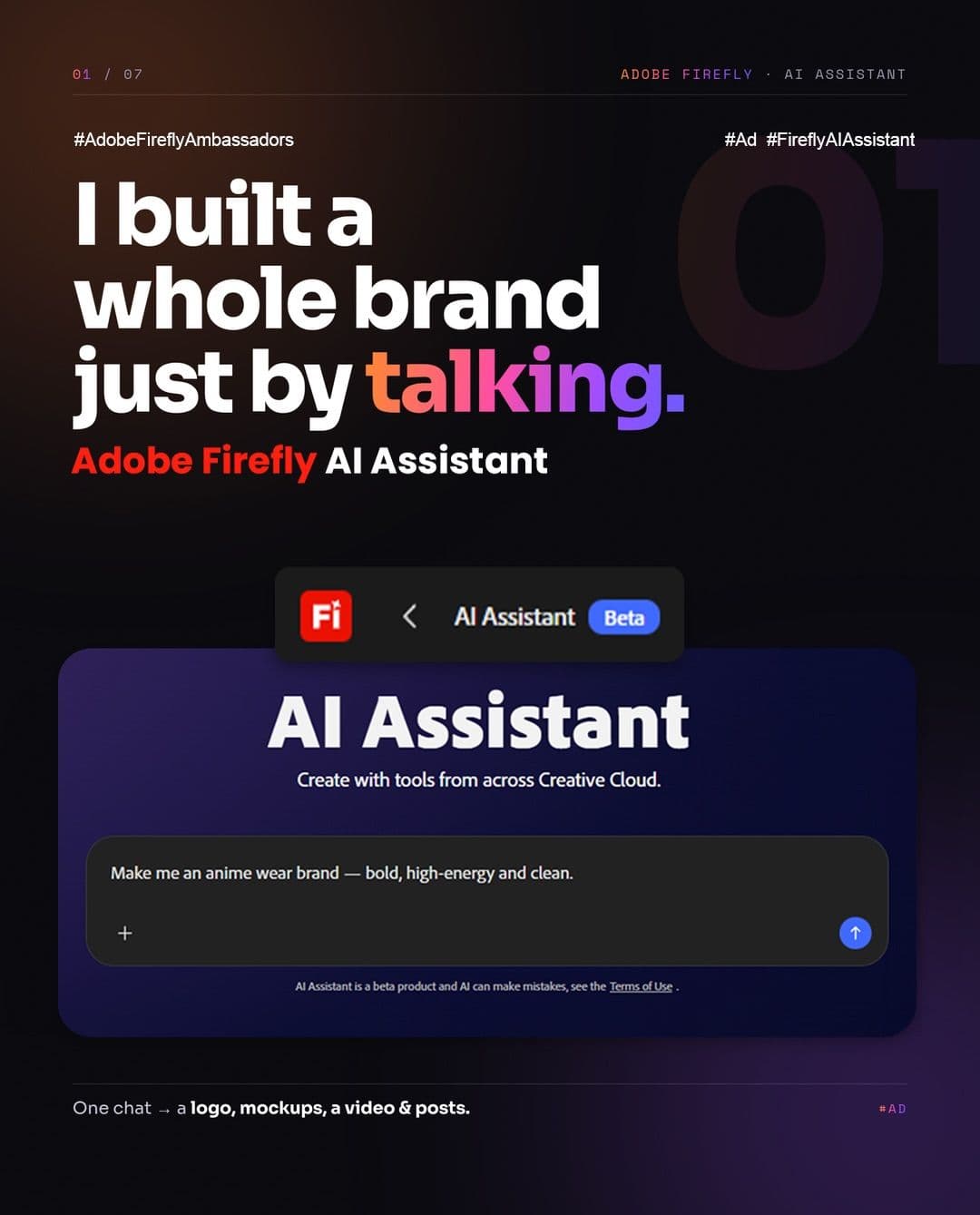 I built an anime-wear brand just by talking. 🎬
One chat with Adobe Firefly AI Assistant → logo, colour palette, produc