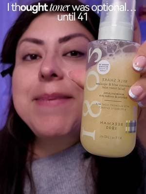 My 41-year-old skin loves this @Beekman 1802 Milk Shake Toner for a hydrating toner step that helps my dry, dull skin look more glowy, plump, and refreshed before moisturizer. Perfect for a simple skincare over 40 routine. #tiktokmademebuyit #HydratingToner #SkincareOver40 #GlowySkinRoutine #creatorsearchinsights
