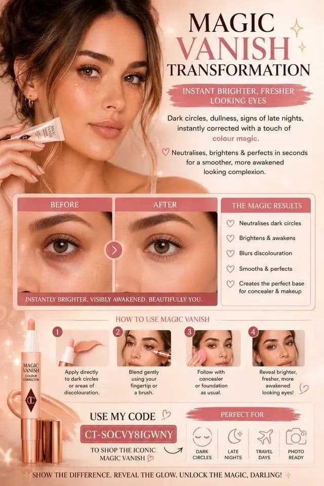 The difference after using this is unreal 💫 It instantly brightens, colour corrects & makes my under eyes look so much fresher and more awake. Perfect for late nights, no-makeup makeup days & flawless glam prep 💖 Use my code CT-SOCVY8IGWNY to shop the iconic Magic Vanish ✨ #AD #CharlotteTilbury #MagicBeautyStars #MagicVanish #BrightEyes @Charlotte Tilbury