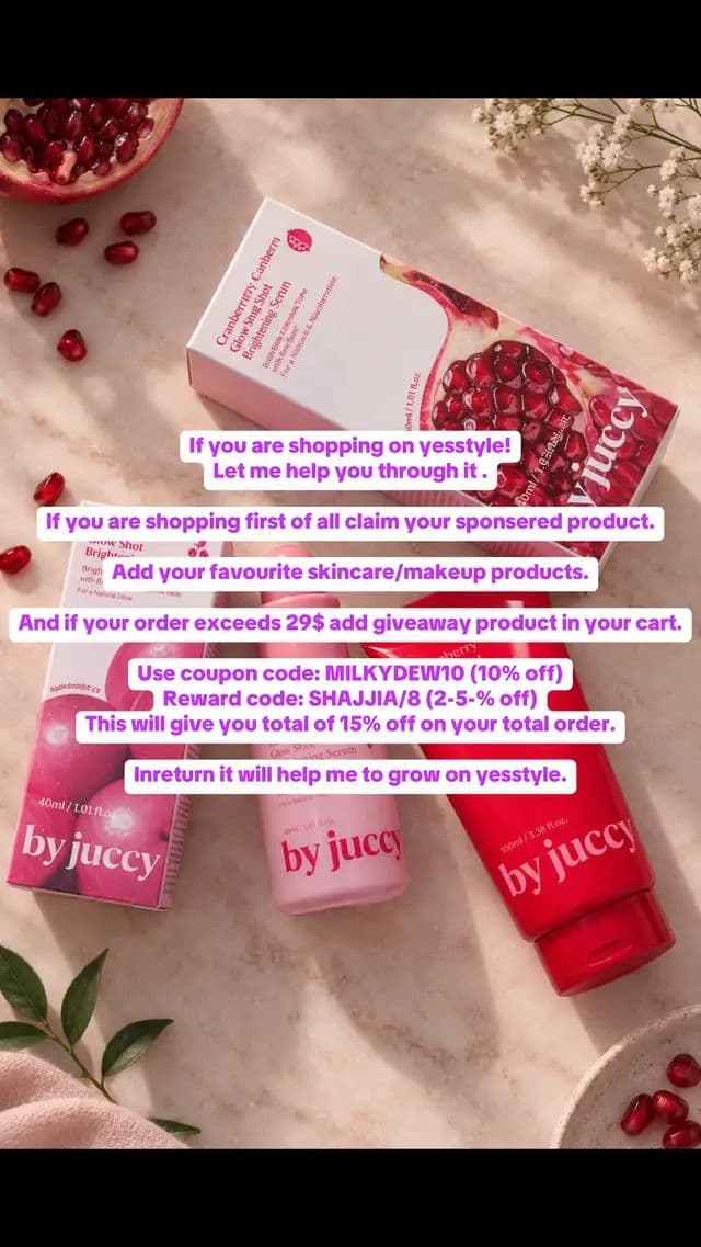 If you are shopping on yesstyle! Let me help you through it . If you are shopping first of all claim your sponsered product. Add your favourite skincare/makeup products. And if your order exceeds 29$ add giveaway product in your cart. Use coupon code: MILKYDEW10 (10% off) Reward code: SHAJJIA28 (2-5-% off) This will give you total of 15% off on your total order. Inreturn it will help me to grow on yesstyle. If you use my code. Kindly send me a proof of screenshot in my DM! I’ll happily revert it!