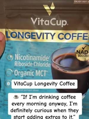 VitaCup Longevity Coffee is instant coffee featuring ingredients including nicotinamide riboside chloride and organic MCT. It comes in an instant pouch, so you get a quick cup without dragging out a coffee maker. #VitaCup #LongevityCoffee #InstantCoffee #CoffeeRoutine #TikTokShop