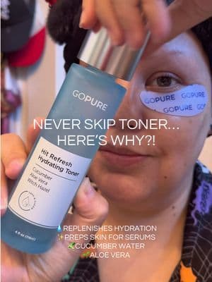A good toner does more than just feel refreshing. After cleansing, it helps replenish hydration, prep your skin for the rest of your routine, and leaves your skin feeling balanced instead of tight or stripped. I've been loving the @Gopure Hit Refresh Hydrating Toner because it's packed with cucumber water, aloe vera, witch hazel, and hydrating humectants to help soothe, refresh, and hydrate my skin. It's one of those simple steps that makes a noticeable difference in how soft, plump, and healthy my skin looks and feels. If you're investing in serums and moisturizers, don't skip the step that helps set your skin up for success. 💙 #gopure #dealsforyoudays #tiktokshopcreatorpicks #summerwins #dfyd