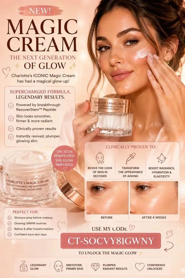Same iconic Magic Cream… now even more magical 💫 My skin feels smoother, plumper & so radiant after using it. The perfect base before makeup or for confident no-makeup glow days ✨ Obsessed with the healthy, lit-from-within finish this gives my skin 💖 Use my code CT-SOCVY8IGWNY to shop the NEW Magic Cream ✨ #AD #CharlotteTilbury #MagicBeautyStars #MagicCream #SkincareGlow @Charlotte Tilbury