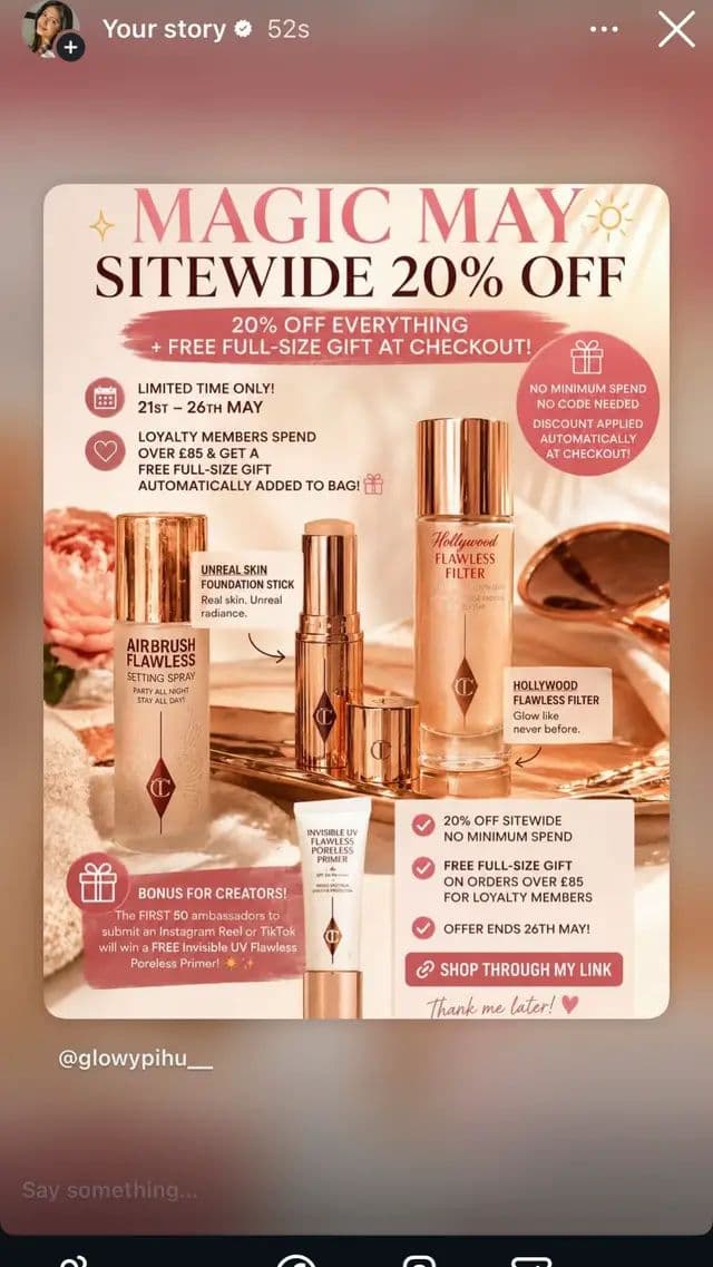 Charlotte Tilbury’s MAGIC MAY sale is finally here 🤍 Get 20% OFF sitewide with NO minimum spend + a FREE full-size gift on orders over £85 for loyalty members 🎁 I’m stocking up on my summer favourites like: ✨ Hollywood Flawless Filter ✨ Unreal Skin Foundation Stick ✨ Airbrush Flawless Setting Spray Perfect for glowing skin, flawless makeup & long-lasting summer glam 💫 Shop through my affiliate link before the sale ends on May 26 💖 CT-SOCVY8IGWNY #AD #CharlotteTilbury #magicbeautystars @Charlotte Tilbury